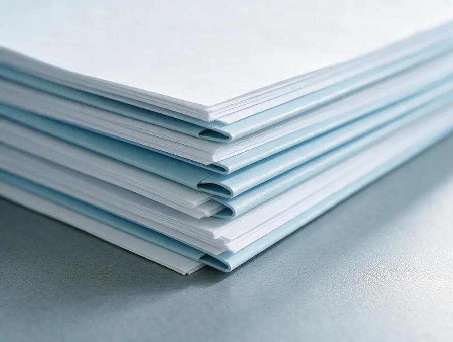 Layered edges of stacked white and pale blue paper in soft daylight