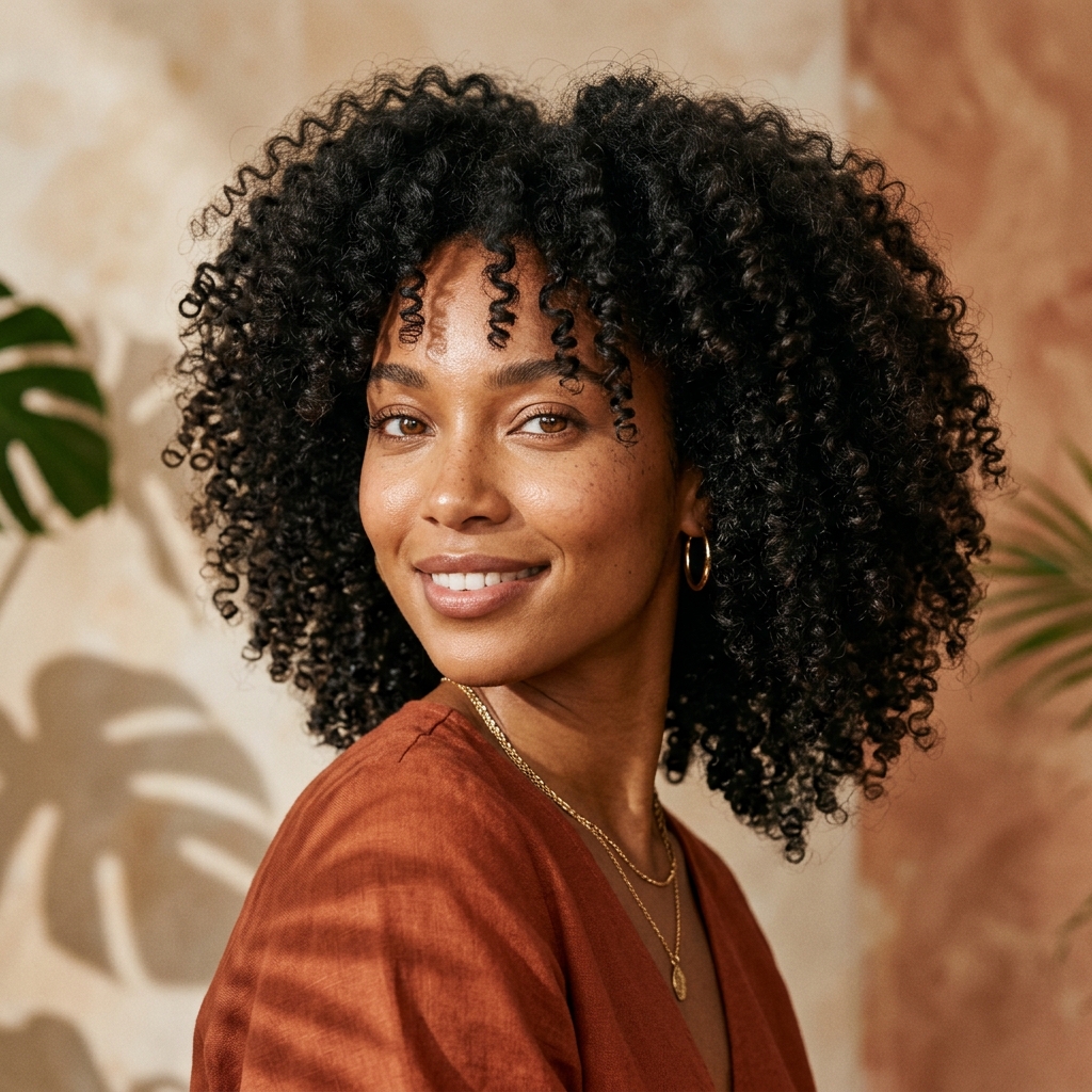 Mulher com cabelo crespo volumoso e natural